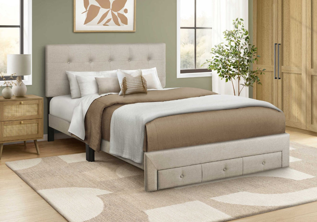 Lit Tissu beige avec Rangement - Martine