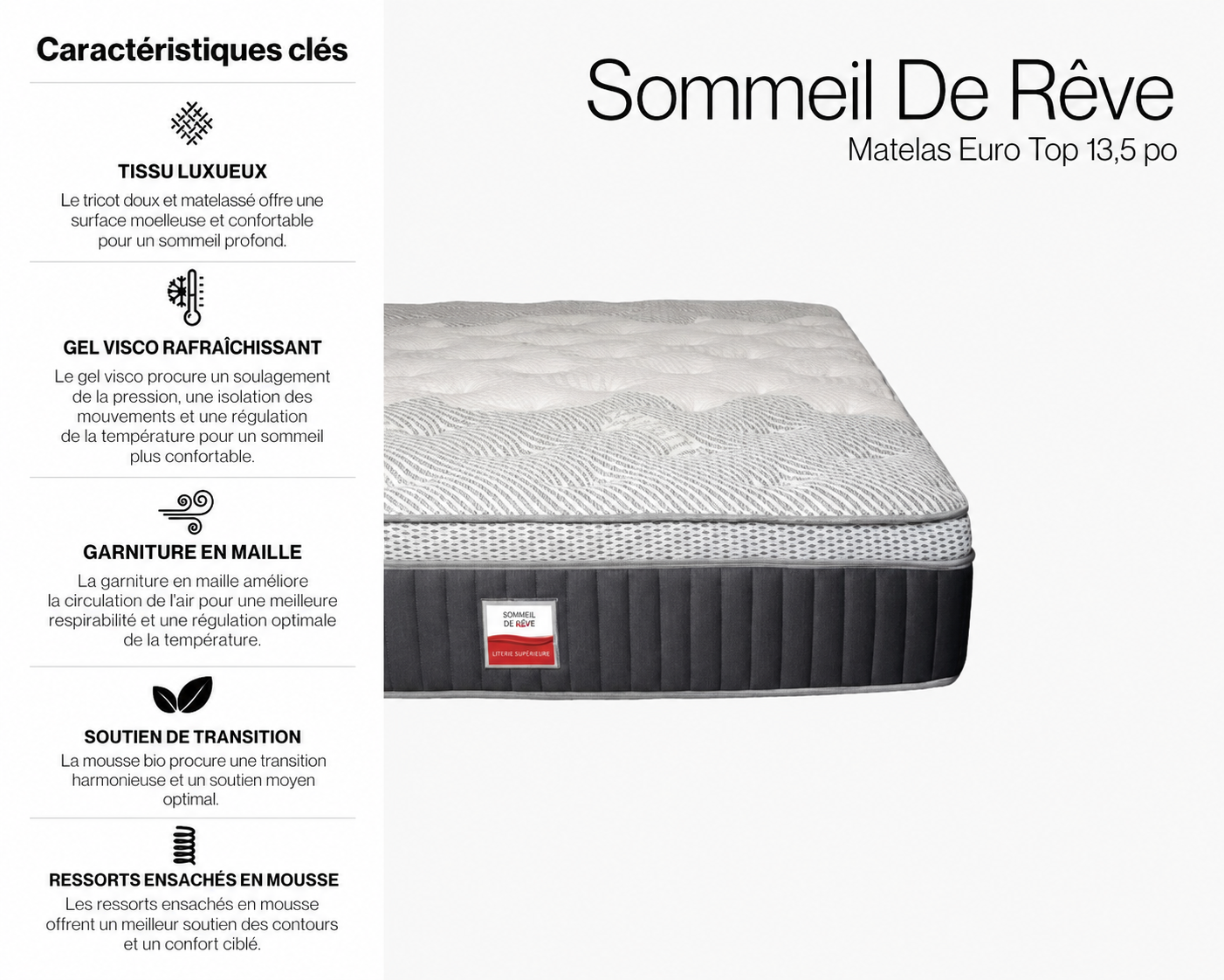 Matelas Ressorts Ensachés Euro Top de 13,5 po - Semi-Ferme