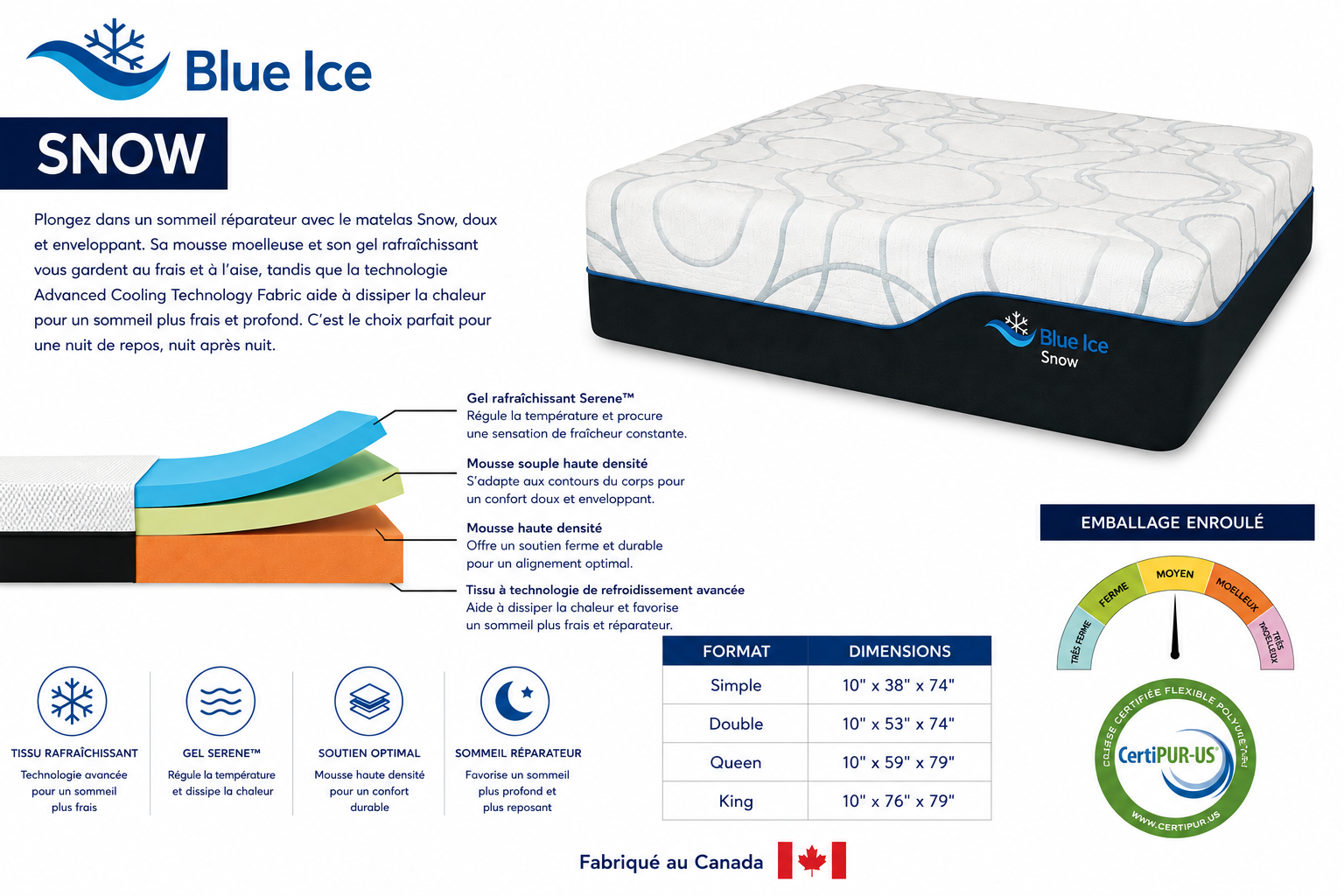 Matelas mousse mémoire Snow de 10 po - Semi Ferme